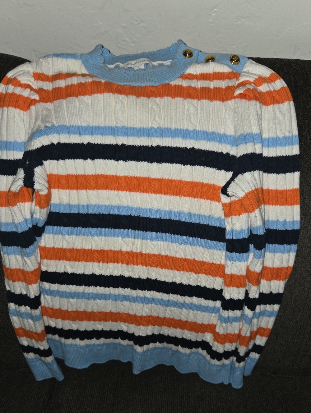 Charter Club Blue & White With Orange Striped Ribbed Sweater. Cotton Blend.